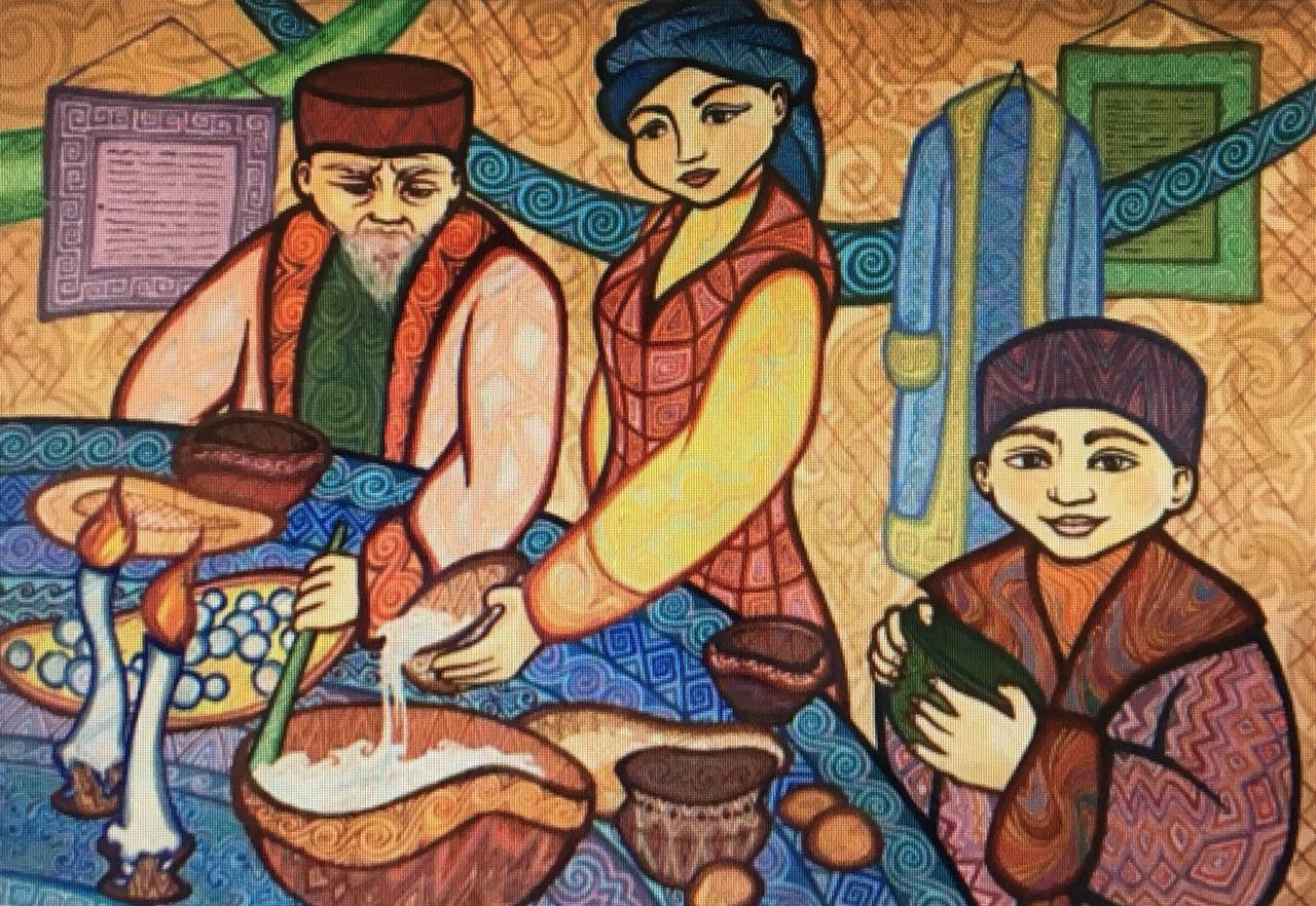 Традиция народов рисунок. Дастархан Узбекистан семья. Казахские иллюстрации. Казахские традиции. Традиции казахского народа.